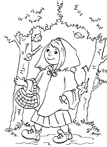 Online coloring book: Coloring red riding hood in the forest